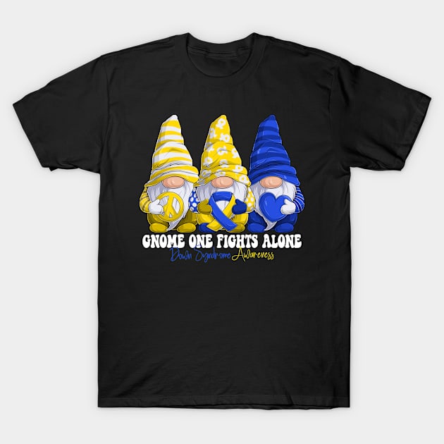 Funny Gnomies Down Syndrome Awareness Month Blue and Yellow Ribbon Gift Idea T-Shirt by Coolingburry